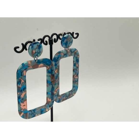 Turquoise Acrylic Dangle Geometric Resin Hoops Earrings! - Picture 4 of 8